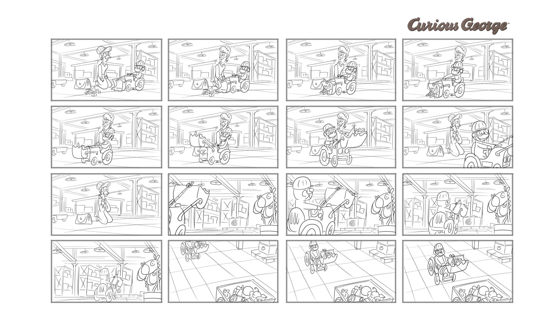 Storyboards by Bert Ring for the Curious George TV Special, Toy Monkey, Featuring Carol Burnett for Universal Animation Studios
