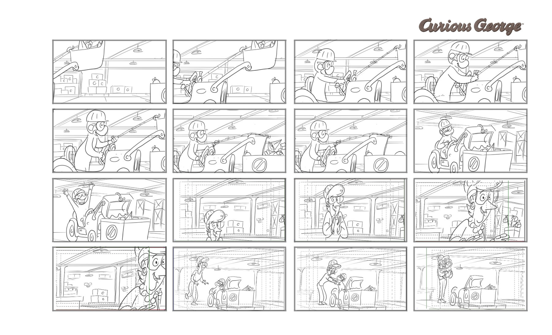 Storyboards by Bert Ring for the Curious George TV Special, Toy Monkey, Featuring Carol Burnett for Universal Animation Studios