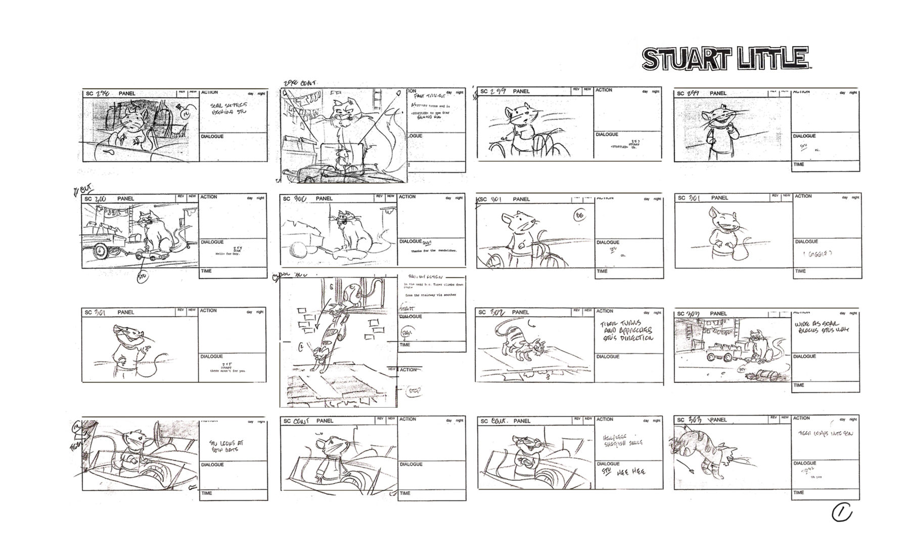Storyboards by Bert Ring for the Stuart Little Animated Series, Universal Animation Studios