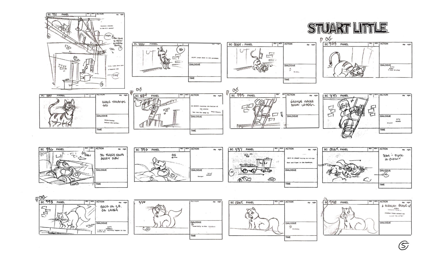 Storyboards by Bert Ring for the Stuart Little Animated Series, Universal Animation Studios
